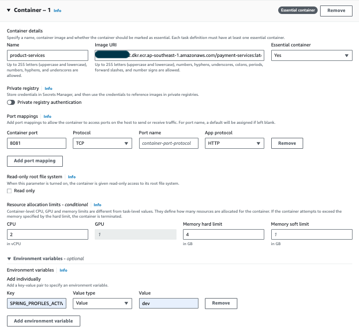 task-definition-container-1 How to Deploy Spring Boot Microservices on AWS ECS with Fargate